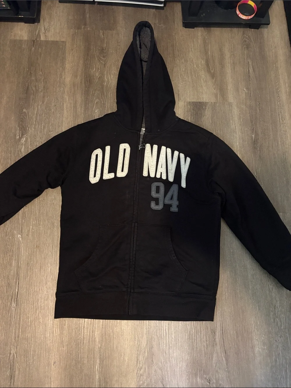 Old Navy Black Hooded Zip-Up Sweatshirt with White Lettering